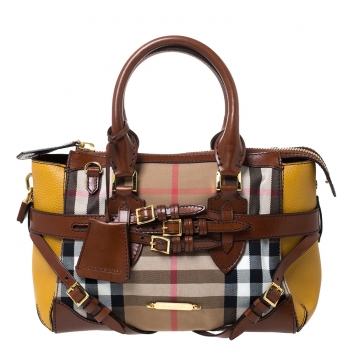 Pre Owned Burberry Brown/Yellow House Check Fabric and Leather Gladstone Tote
