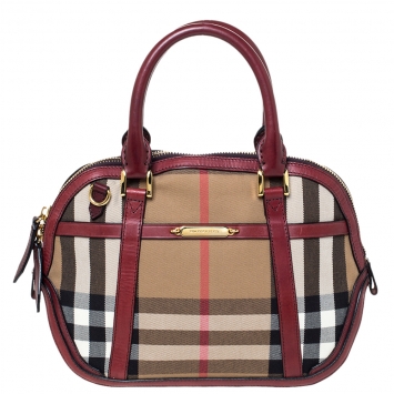 Pre Owned Burberry Beige/Burgundy House Check Canvas and Leather Orchard Bowler Bag