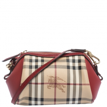 Pre Owned Burberry Beige/Red Haymarket Check PVC and Leather Mini Blaze Crossbody Bag