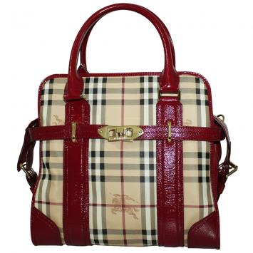 Pre Owned Burberry Brown Haymarket Check Patent Leather Portrait Minford Tote Bag