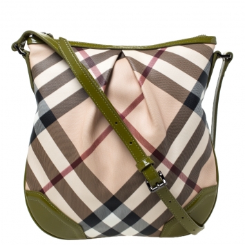 Pre Owned Burberry Olive Green/Beige House Check PVC and Patent Leather Pleated Hobo