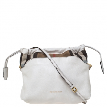 Pre Owned Burberry Cream Leather and House Check Fabric Little Crush Crossbody Bag