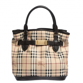 Pre Owned Burberry Beige/Brown Haymarket Check Canvas and Leather Medium Golderton Tote