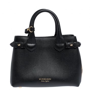 Pre Owned Burberry Black Leather and House Check Fabric Small Banner Tote