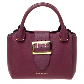 Pre Owned Burberry Burgundy Grainy Leather Small Buckle Tote