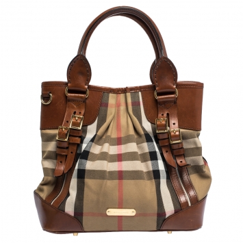 Pre Owned Burberry Brown House Check Canvas and Leather Bridle Whipstitch Tote