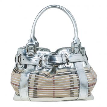 Pre Owned Burberry Silver/Beige Sliced Canvas and Leather Large Beaton Tote