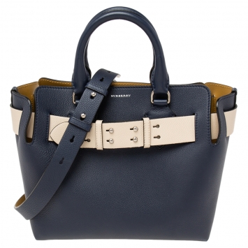 Pre Owned Burberry Navy Blue Leather Small Belt Tote