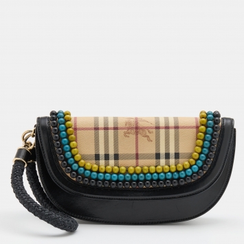 Pre Owned Burberry Multicolor Haymarket Check Canvas and Leather Embellished Wristlet Clutch