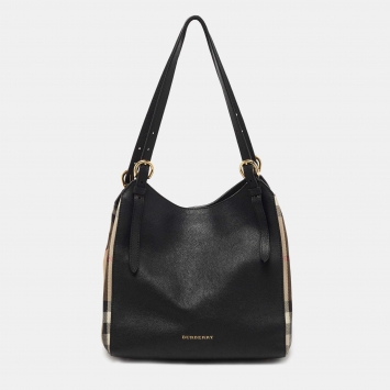 Pre Owned Burberry Black/Beige House Check Canvas and Leather Small Canterbury Tote