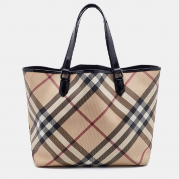 Pre Owned Burberry Beige Supernova Check Coated Canvas and Patent Leather Nickie Tote