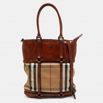 Pre Owned Burberry Brown Housecheck Canvas and Leather Slim Tote