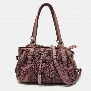 Pre Owned Burberry Old Rose Leather Ruffled Leather Lowry Tote