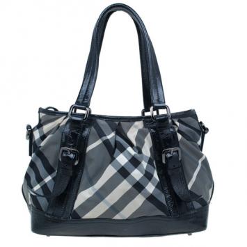 Pre Owned Burberry Black Beat Check Nylon Medium Lowry Tote