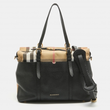 Pre Owned Burberry Black/Beige House Check Fabric and Leather Mason Diaper Tote