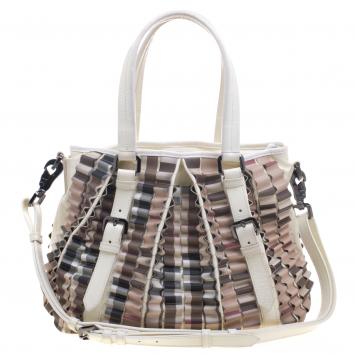 Pre Owned Burberry Cream Nova Check PVC Cartridge Pleat Tote