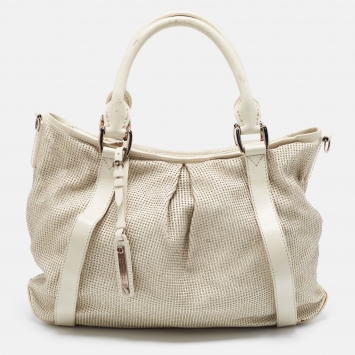 Pre Owned Burberry Off White Leather Studded Ashbury Knight Satchel