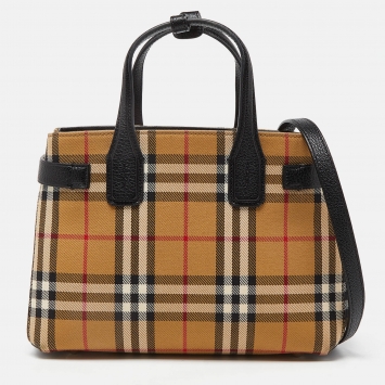Pre Owned Burberry Beige/Black House Check Fabric and Leather Small Banner Tote