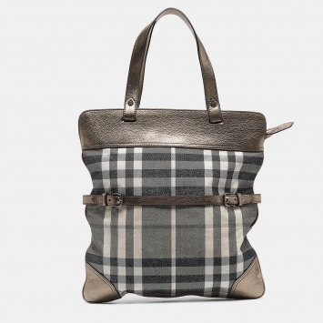 Pre Owned Burberry Metallic House Check Canvas and Leather Flat Tote