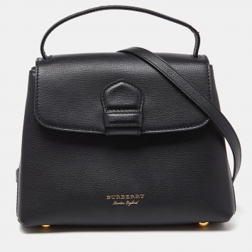 Pre Owned Burberry Black/Beige Leather and House Check Fabric Medium Camberley Top Handle Bag