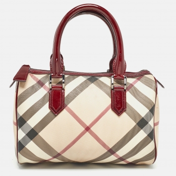 Pre Owned Burberry Beige/Red Nova Check PVC and Patent Leather Chester Boston Bag