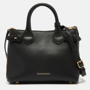 Pre Owned Burberry Black/Beige Leather and House Check Fabric Small Banner Tote