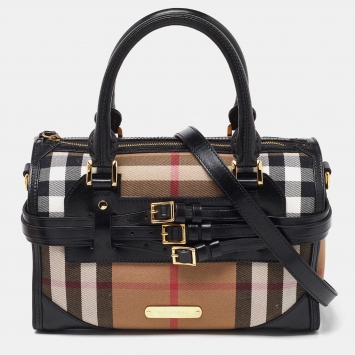 Pre Owned Burberry Beige/Black House Check Fabric and Leather Bridle Chester Bowler Bag