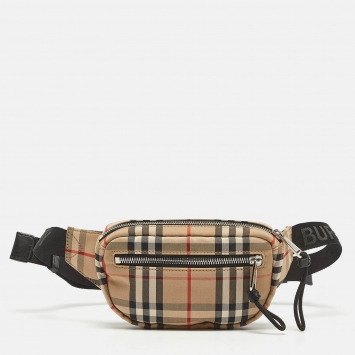 Pre Owned Burberry Beige House Check Canvas Belt Bag