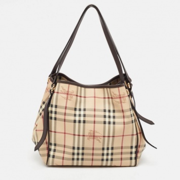 Pre Owned Burberry Beige/Brown Haymarket Check Coated Canvas and Leather Small Canterbury Tote