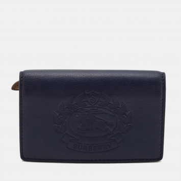 Pre Owned Burberry Navy Blue Leather Logo Embossed Bifold Wallet