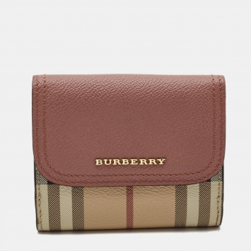 Pre Owned Burberry Pink/Beige House Check Coated Canvas and Leather Luna French Wallet