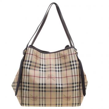 Pre Owned Burberry Dark Brown Haymarket Check PVC Tote