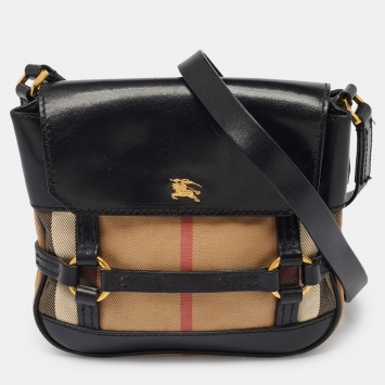 Pre Owned Burberry Beige/Black House Check Fabric and Leather Crossbody Bag