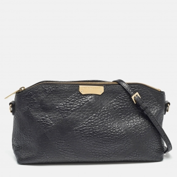 Pre Owned Burberry Black House Check Embossed Leather Peyton Crossbody Bag