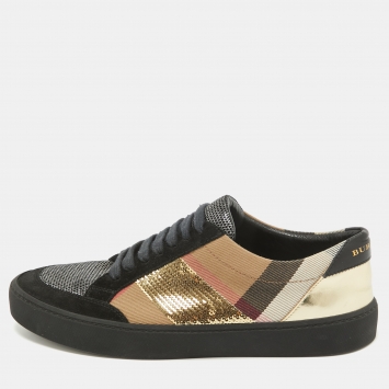 مملوكة مسبقًا Burberry Brown/Gold Check Canvas and Sequins Salmond Sneakers Size 38