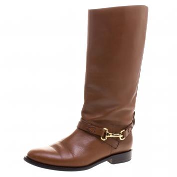 Pre Owned Burberry Brown Leather Calf Length Rider Boots Size 37