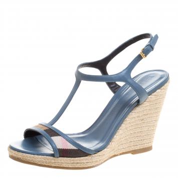 Pre Owned Burberry Blue Leather and Novacheck Canvas T Strap Espadrille Wedges Size 39