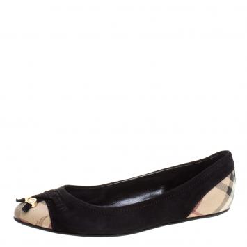 Pre Owned Burberry Black Suede Nova Check Canvas Cap Toe Bow Ballet Flats Size 36