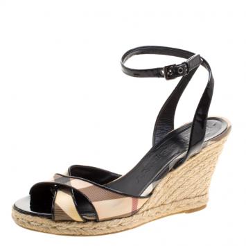 Pre Owned Burberry Black Patent Leather and Novacheck Canvas Espadrille Wedge Sandals Size 38