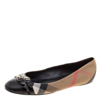Pre Owned Burberry Beige Nova Check Canvas And Leather Avonwick Buckle Detail Ballet Flats Size 38