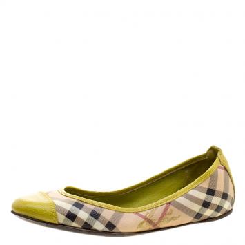 Pre Owned Burberry Yellow Green Haymarket Check PVC and Leather Cap Toe Ballet Flats Size 37