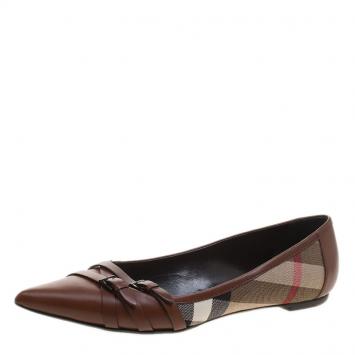 Pre Owned Burberry Brown Leather and Novacheck Canvas Buckle Detail Pointed Toe Ballet Flats Size 41