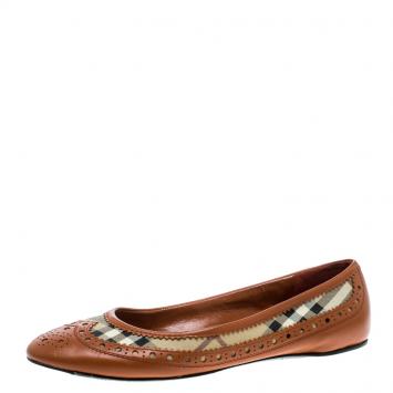 Pre Owned Burberry Orange Brogue Leather And Haymarket Check Canvas Tudor Ballet Flats Size 39