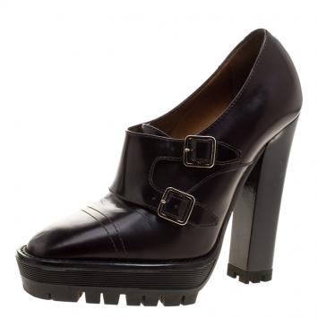 Pre Owned Burberry Brown Leather Monk Strap Platfrom Ankle Boots Size 38.5