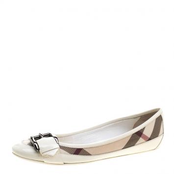 Pre Owned Burberry White Nova Check PVC and Patent Leather Buckle Ballet Flats Size 39