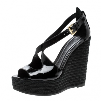 Pre Owned Burberry Black Patent Leather Abbott Wedge Espadrilles Sandals Size 36.5