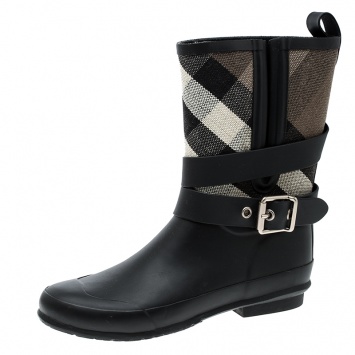 Pre Owned Burberry Black NovaCheck Detail Belted Rain Boots Size 35