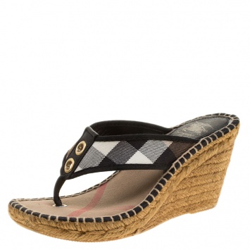 Pre Owned Burberry Black Novacheck Canvas Espadrille Thong Wedge Sandals Size 35