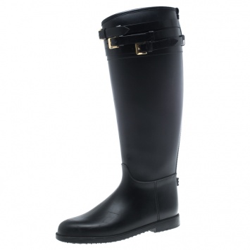 Pre Owned Burberry Black Rubber Belted Equestrian Rain Boots Size 37