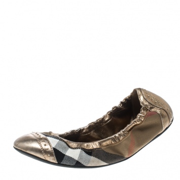 Pre Owned Burberry Bronze Leather and House Check Canvas Southwark Studded Scrunch Ballet Flats Size 37
